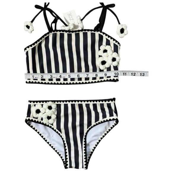 Rachel Zoe Girls Swimsuit Size 7 Black White Striped Bikini Floral Crochet Trim - Picture 4 of 7